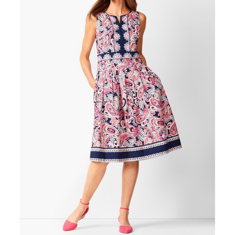 Talbots Pink Navy Paisley Cotton Fit & Flare Dress Sleeveless Pockets Size 4 EUC